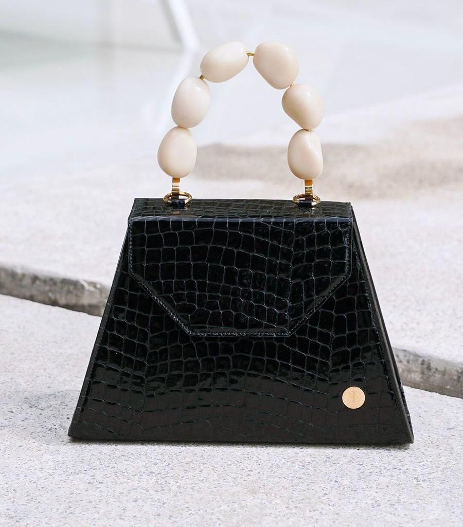Emilia - Black Croc embossed leather Top Handle Bag